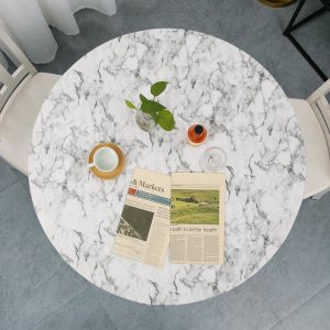 Tcwhniev Indoor Outdoor Patio Round Fitted Vinyl Tablecloth, Flannel Backing, Elastic Edge, Waterproof PVC Table Cover, White marble pattern for 5-Seat Table of 36-44???? Diameter