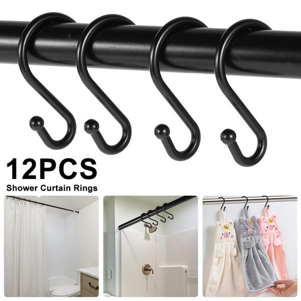 FYJUCPA 12 Pack Bathroom Shower Curtain Hooks, Metal Shower Curtain Rings Set, Rust-Resistant S Shaped Decorative Shower Hooks, Matte Black