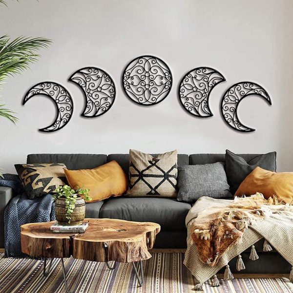 5PCS Black Moon Decoration Wall-mounted 3D Moon Phase Spiritual Bedroom Wall Decor Wood Moon Appearance Adornment Natural Design Nordic Moon Decoration for Christmas Home Decoration