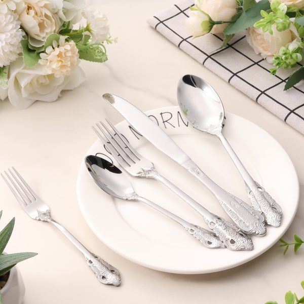 Tcwhniev 20PCS Silverware Set,Retro Royal Stainless Steel Flatware Utensil Sets for 4,Silver Luxury Cutlery Set Includes Forks Spoons Knives,Mirror Polished,Dishwasher Safe