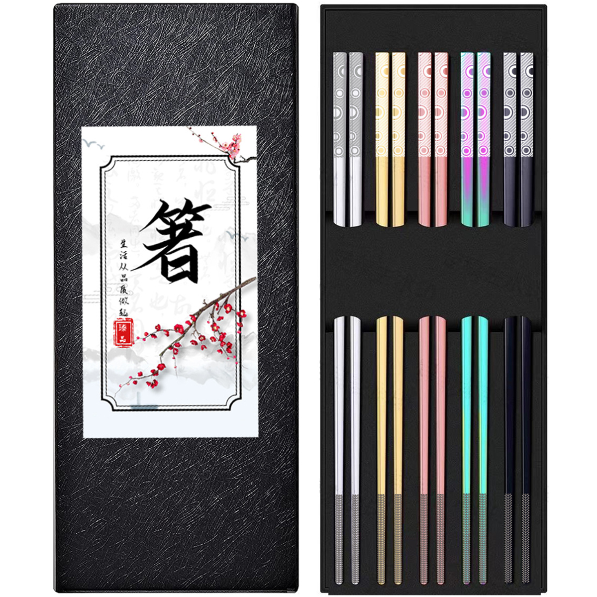 5 Pairs 5 Colors Stainless Steel Chopsticks Set Portable Non-slip Food Sticks Tableware Reusable Chinese Chopsticks Tableware Kitchen Tools Dishwasher Safe for Cooking Eating