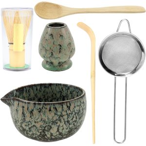 6 Pcs Matcha Whisk Set Elegant Matcha Set Japanese Tea Set Includes Whisk Holder Ceramic Bowl Stainless Steel Sifter Tea Scoop Wood Spoon for Beginners Home