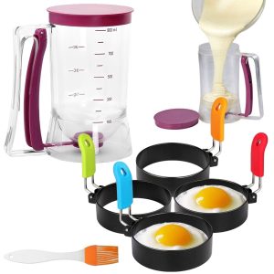 6 Piece Griddle Breakfast Kit for Blackstone, Pancake Batter Dispenser for Griddle, 4 Egg Rings and Silicone Oil Brush, Easy to Use Cupcake Dispenser for Indoor-Outdoor Cooking