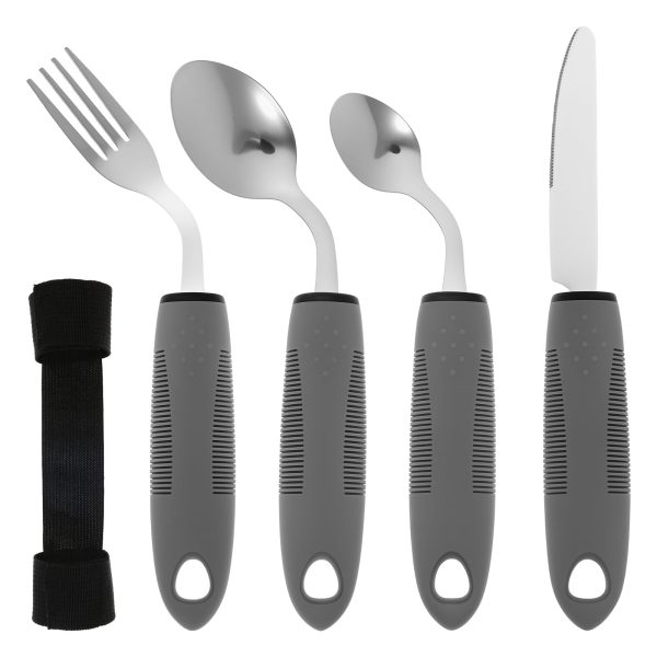 LINFANG 5 Piece Adaptive Utensil Set Stainless Steel Built Up Utensil Nonslip Easy Grip Cutlery Set with Textured Handle Angled Adaptive Silverware for Hand Tremors Arthritis Elderly