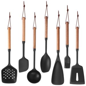 Jetcloudlive 7 Pcs Silicone Cooking Utensil Set with Wood Handle Heat Resistant Kitchen Utensil Set Nonstick Cookware Friendly Suitable for Kitchen