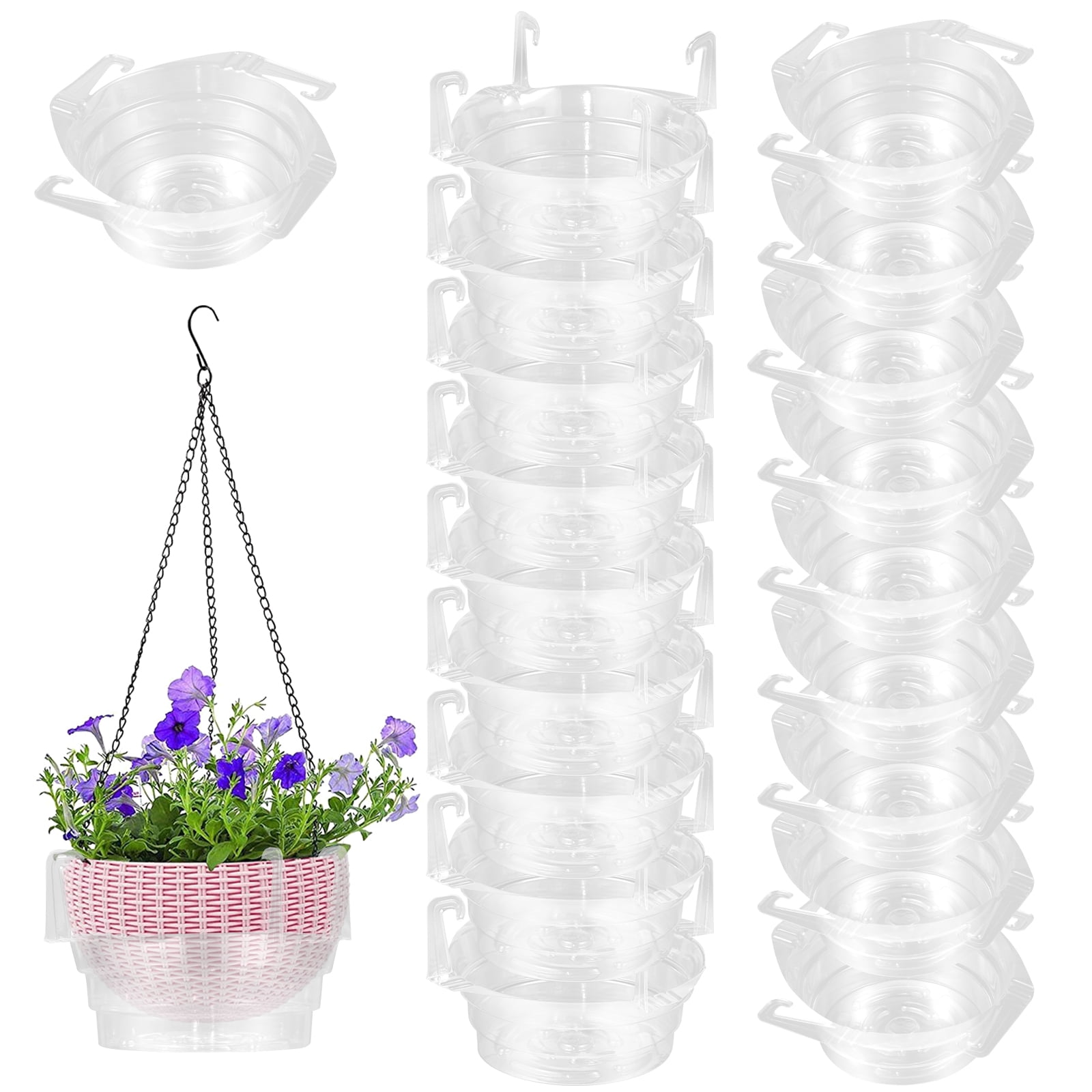 EUWBSSR 20 Pcs 8in Hanging Plant Water Catcher Reusable Plant Tray Saucer Transparent Plastic Hanging Basket Drip Pan with Hook for Indoor and Outdoor Use