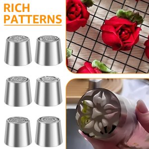 6 Pcs Stainless Steel Russian Piping Nozzle Reusable Russian Flower Piping Tip for Cake Decorating Icing Cream Flower Bouquet DIY Cookies