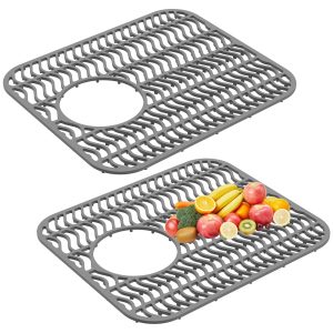 2Pcs Sink Protector Mat Nonslip Kitchen Sink Mat Flexible Silicone Drain Pad Silicone Pad with Drain Hole Dishwasher Safe for Kitchen Tableware Dishes
