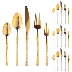 Jetcloudlive 20 Pcs Gold Silverware Set Small Waist Tree Pattern Stainless Steel Tableware Creative Hotel Tableware Steak Knife And Fork Spoon Dessert Fork Dishwasher Safe