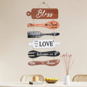 EUWBSSR Wooden Bless Hanging Sign 11.81*21.65in Elegant Farmhouse Kitchen Decorative Sign Vintage Dining Room Wall Art Decor for Home Kitchen Bar