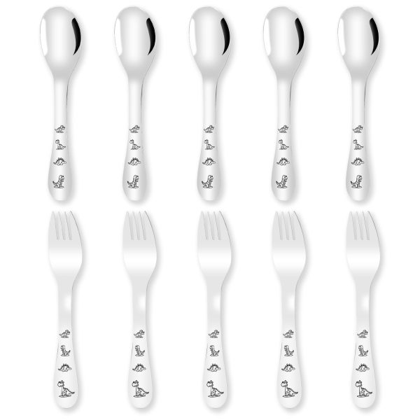 Tcwhniev 10Pcs Kid Silverware, Stainless Steel Toddler Utensils, Cartoon Dinosaur Kids Forks and Spoons, 5 Kid Spoons, 5 Kid Forks