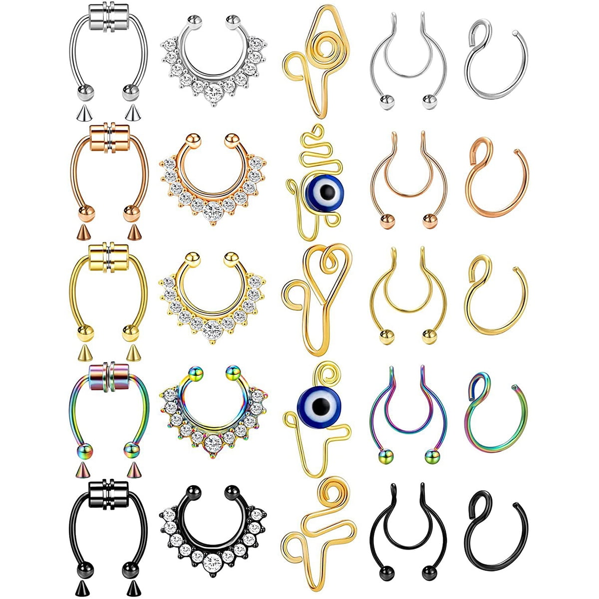 EUWBSSR 25 Pcs Fake Septum Nose Rings Hoop for Women Men Girls Stainless Steel Faux Piercing Jewelry Fake Lip Ear Nose Ring Hoop Stainless Steel Non Piercing Jewelry