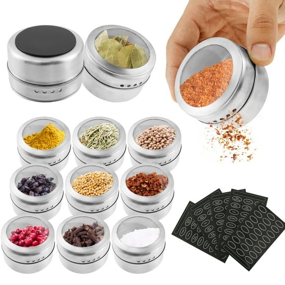 Hvxrjkn 12 Pcs Magnetic Spice Tins 2.55*1.77in Stainless Steel Transparent Top Spice Jars with Label Stickers Multi Gear Adjustment Design for Cooking