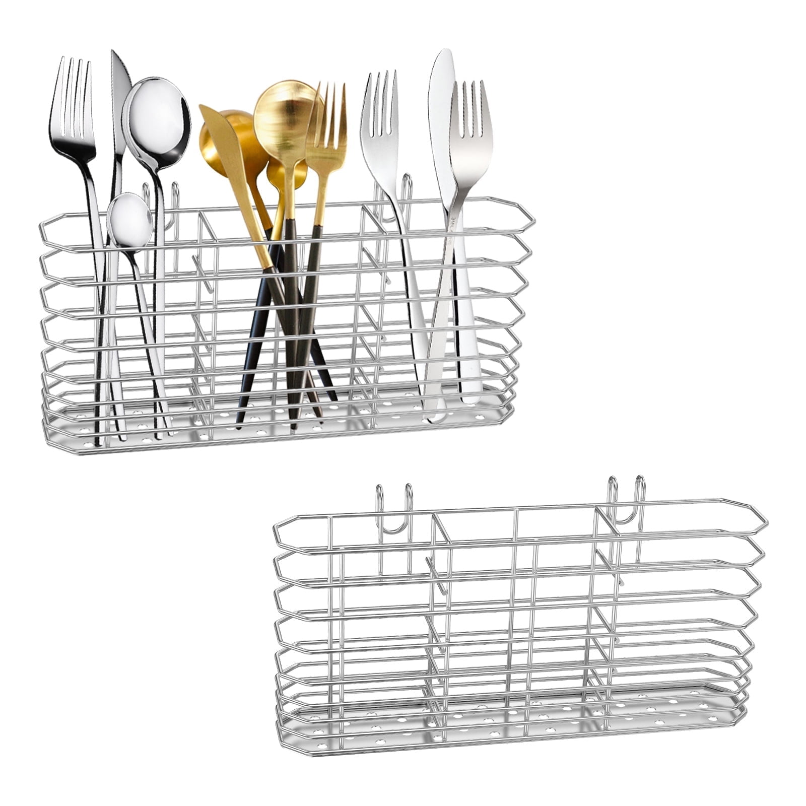 2Pcs Kitchen Utensil Holder 7.87*3.42in Stainless Steel Cutlery Hanging Basket for Knife Fork Spoon Quick Drying Compartmental Utensil Drainage Rack for Kitchen