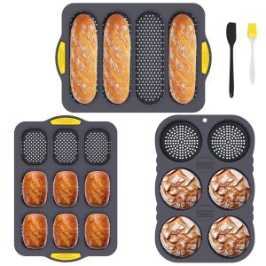 Jetcloudlive 3 Pcs Silicone Hamburger Bun Mold with Spatula and Brush 4/6/9 Cup Hamburger Bun Pan with Holes for Baking Microwave Safe Black