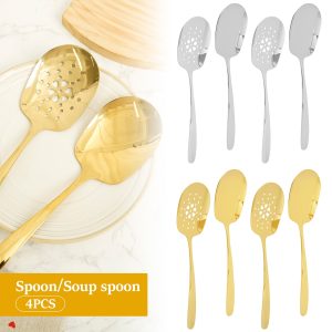 4Pcs Large Serving Spoons Stainless Steel Serving Spoons Set Practical Serving Spoon Utensils Comfortable Grip Metal Serving Spoons Slotted Spoons for Parties Home