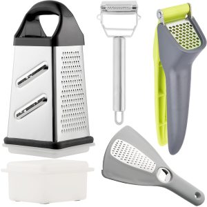 Cheese Grater with Garlic Crusher Box Grater Vegetable Shredder with Vegetable Peeler Stainless Steel Rust Resistant Vegetable Shredder Labor Saving Garlic Crusher Efficient