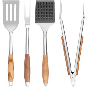 Jetcloudlive 4 Pieces Grilling Accessories Stainless Steel Barbecue BBQ Grilling Tool Set with Wooden Handle Smooth Grill Kit for Courtyard BBQ Outdoor Camping