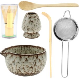 6 Pcs Matcha Whisk Set Elegant Matcha Set Japanese Tea Set Includes Whisk Holder Ceramic Bowl Stainless Steel Sifter Tea Scoop Wood Spoon for Beginners Home