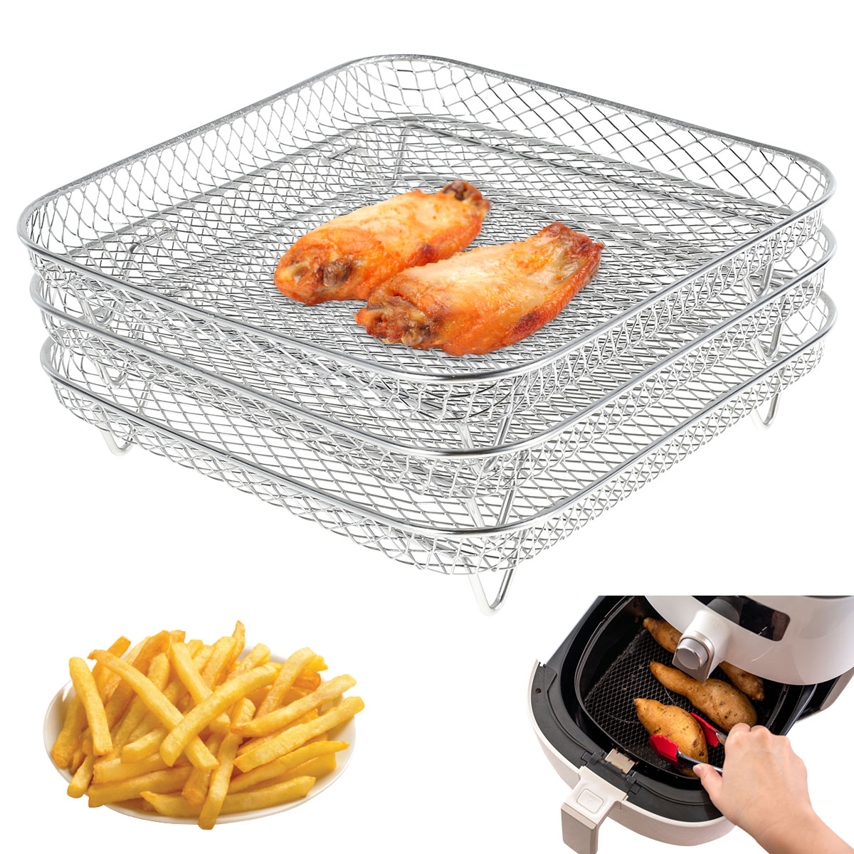 Xiyztok Air Fryer Racks 7.5L-8L 3-Basket Air Fryer, Stainless Steel - Three Layer Stackable Design, Dishwasher Safe