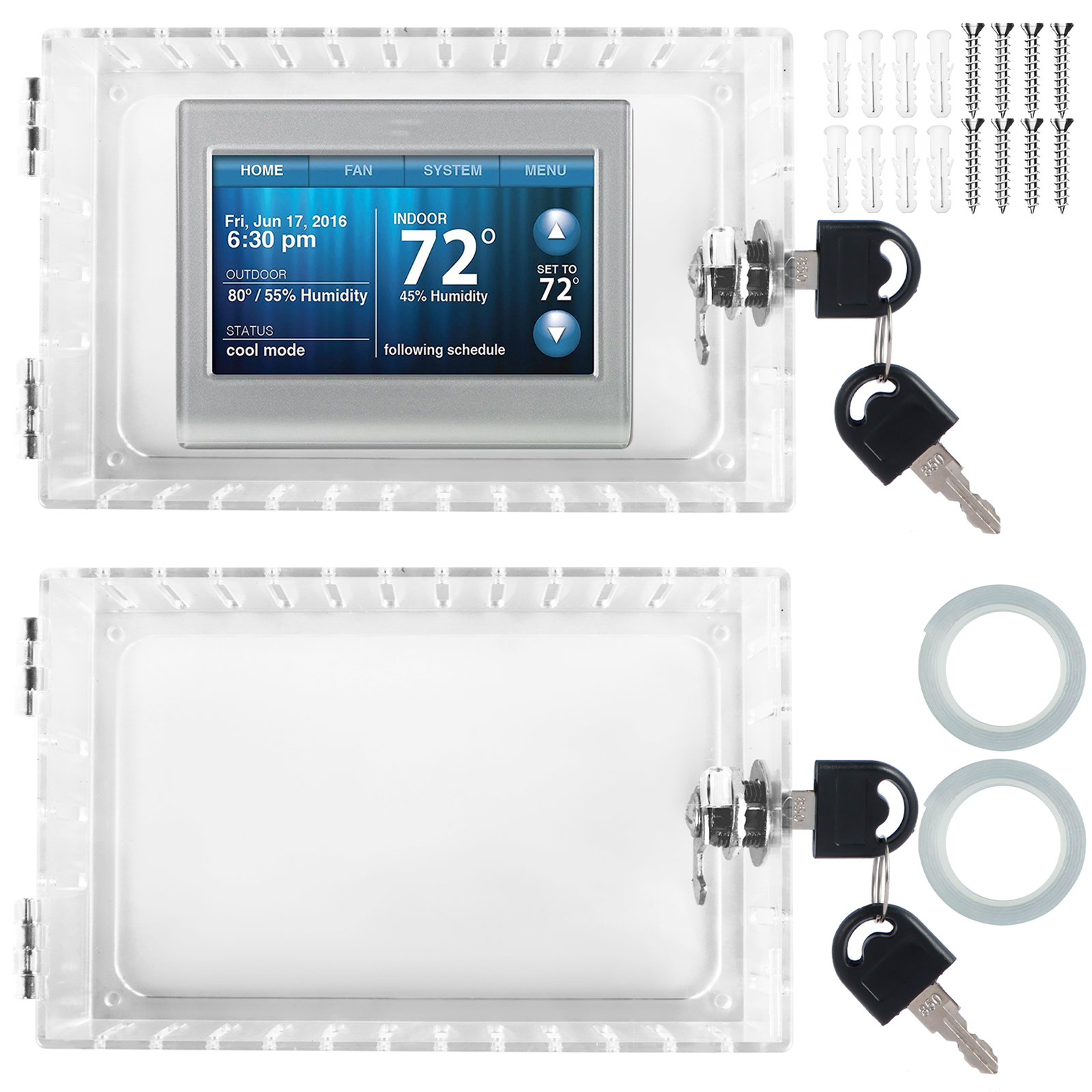 2PCS Universal Thermostat Lock Box with Key Clear Acrylic Thermostat Cover Guard with Lock Easy to Install for Home Office School Restaurant 4.7 x 7.3 x 2.2 Inches
