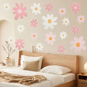 Hvxrjkn 12 Sheets 34 Pieces Daisy Flower Wall Sticker Peel and Stick Floral Decal Removable Reusable Decorative Flower Decal for Home Nursery Bedroom Living Room Wall Decor