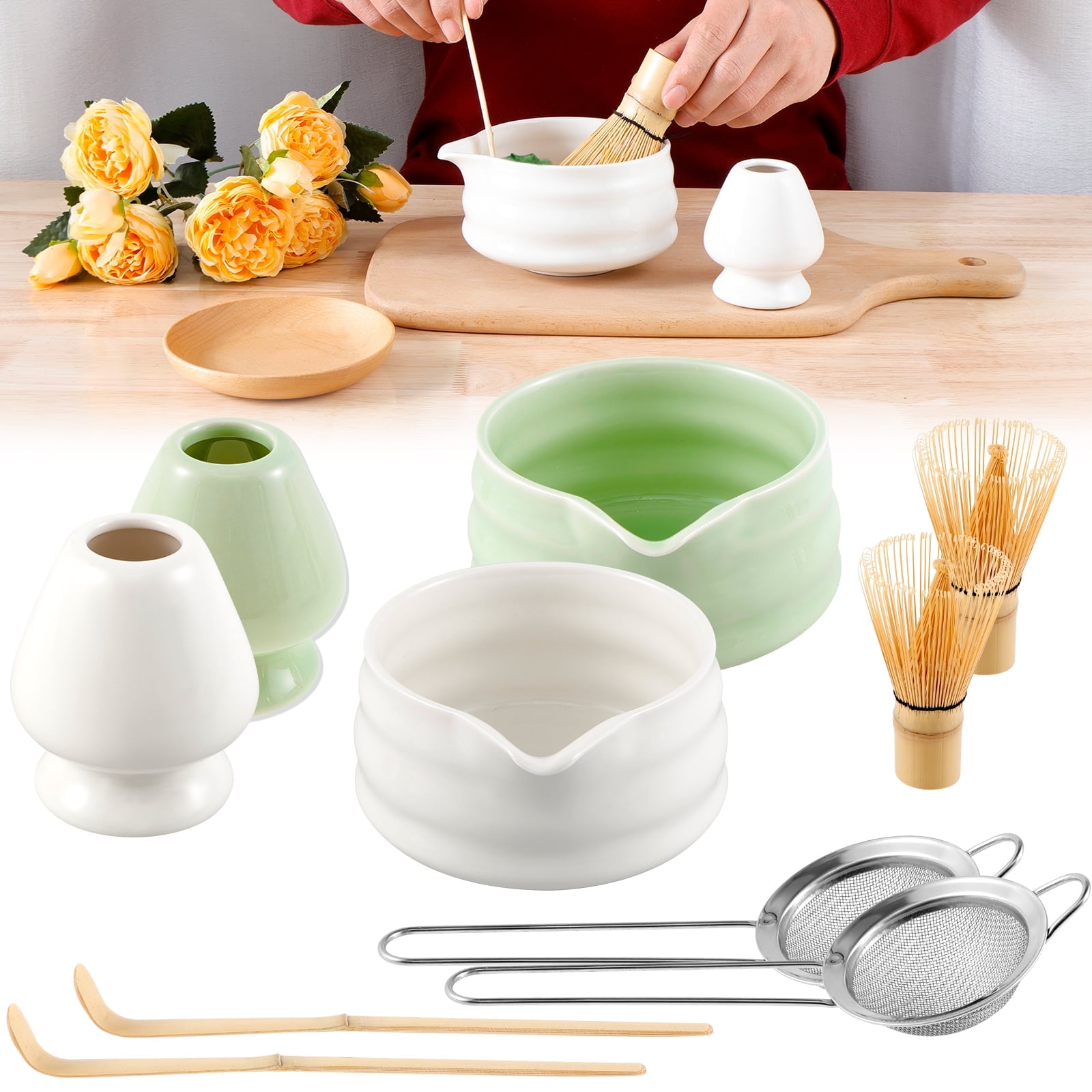 Rzvnmko 5Pcs Ceramic Matcha Bowl,Whisk Holder,Matcha Whisk Container with Pouring Spout,Matcha Bamboo Whisk Stainless Sifter Bamboo Scoop for Matcha Tea Culture