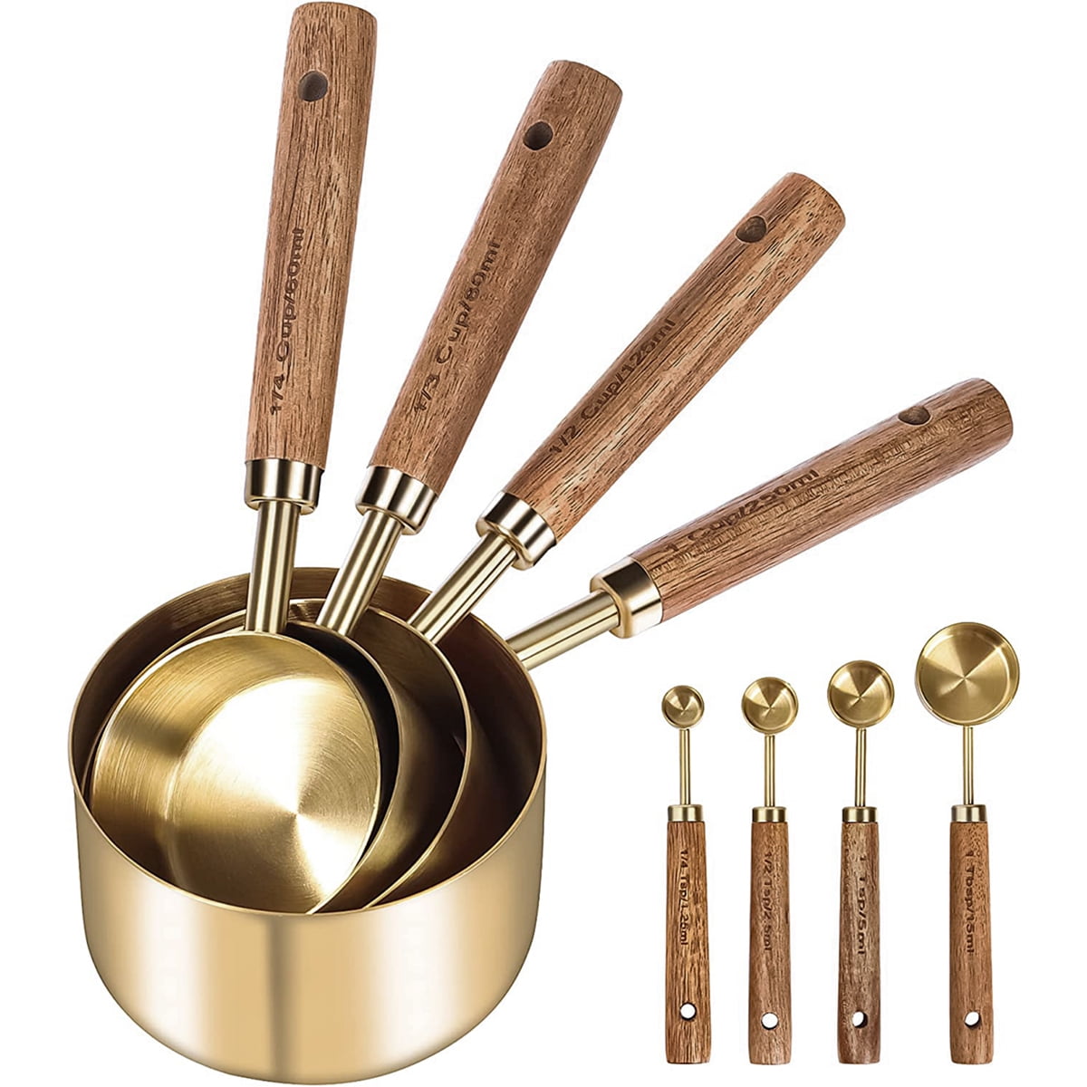 8Pcs Measure Cup and Spoon Set Gold Measuring Cup Spoon Set with Wooden Handle Stainless Steel Stackable Kitchen and Baking Measurement Kitchen Accessories for Home Kitchen Party