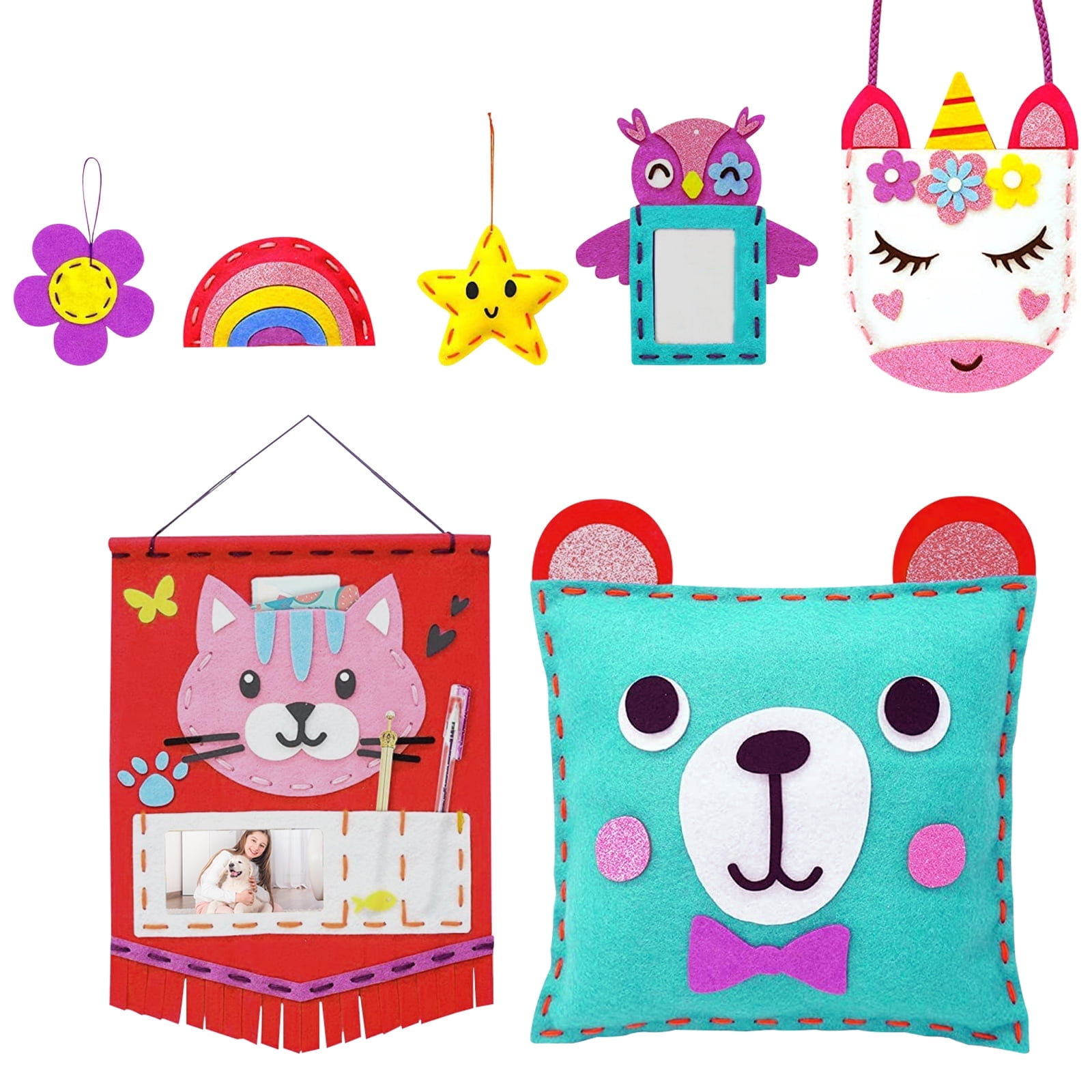 My First Sewing Kit for Beginner Arts & Crafts 7 Easy DIY Projects of Stuffed Animal Dolls and Plush Pillow Craft Instructions & Felt Gift for Girls Boys Learn to Sew Embroidery