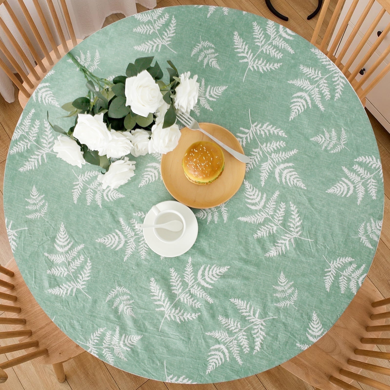 Tcwhniev Indoor Outdoor Patio Round Fitted Vinyl Tablecloth, Flannel Backing, Elastic Edge, Waterproof Wipeable PVC Table Cover, Green Leaf, for Table of 35-44" Diameter