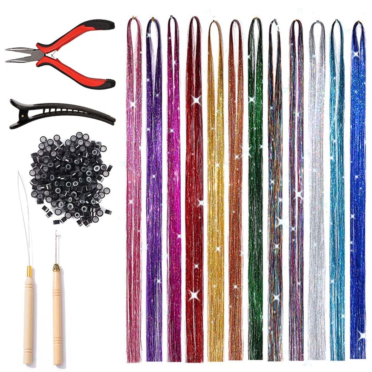 JTWEEN Hair Tinsel,Hair Tinsel Kit with Tools,Tinsel Hair Extensions,12 Colors 2400 Strands Fairy Hair Tinsel Heat Resistant 47 Inch Hair Glitter