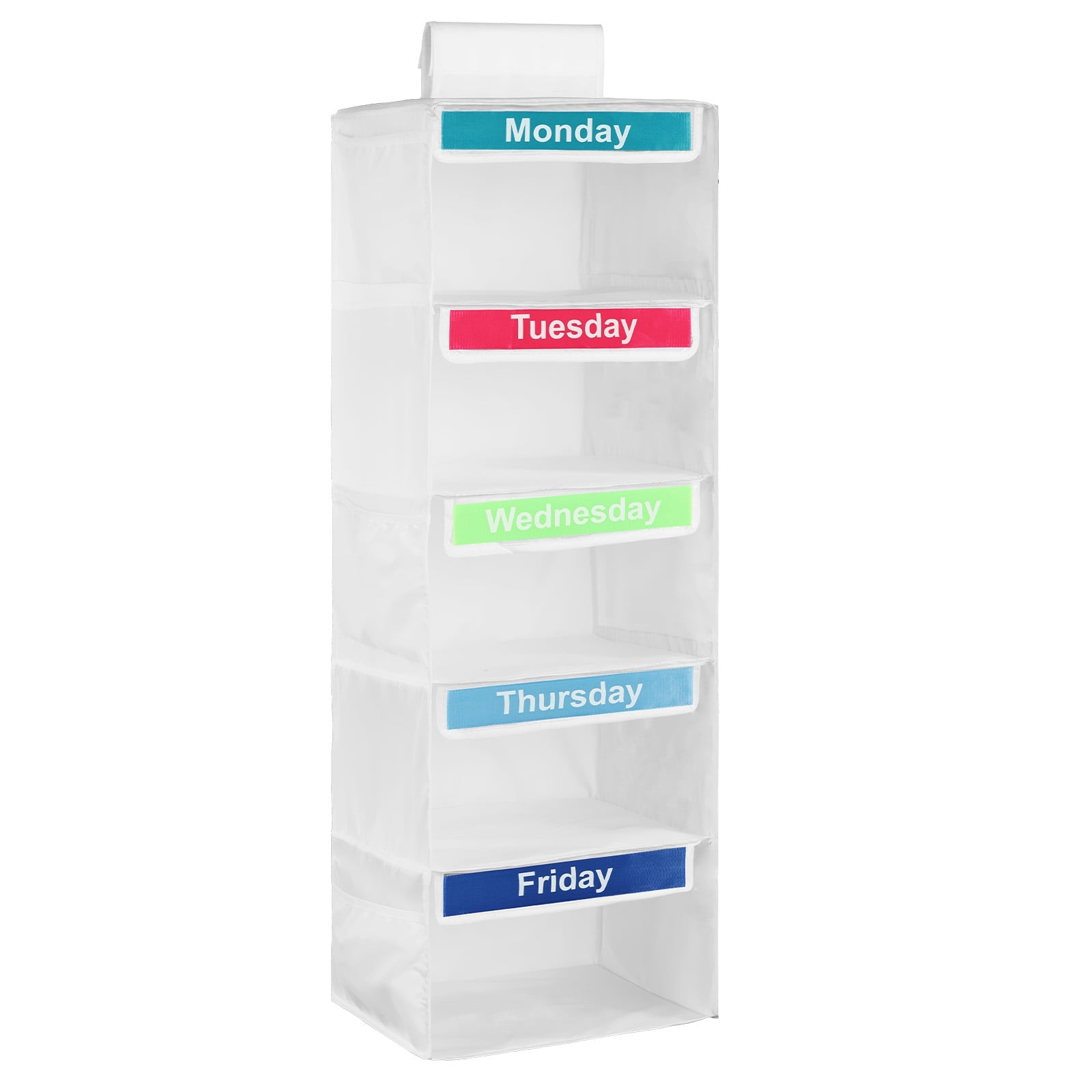 5 Tier Weekly Clothes Organizer for Kids Shelf Hanging Closet Organizer Closet Hanging Shelf with 6 Sturdy Hooks for Storage, Foldable for Hats T-Shirts Bags Towels