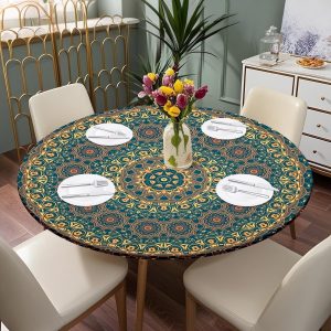 Tcwhniev Round Tablecloth for 40inch Diameter, Wipeable Polyester Table Cover, Elastic Edge, Decorative Table Cloths for Indoor or Outdoor