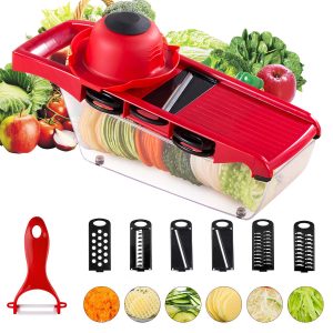 Xiyztok Cooking Vegetable Cutter with 6 Blades Multifunctional Mandoline Onion Vegetable Chopper Time Saving Fruits Dicer Kitchen Food Slicer Mincer with Container for Salad Potato Cheese