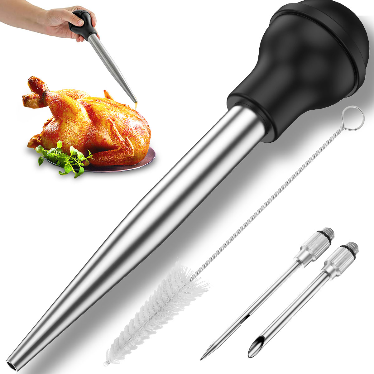 Turkey Baster Stainless Steel Turkey Baster Syringe Meat Marinade Injector Needle Turkey Baster for Kitchen Cooking 4-Piece Set