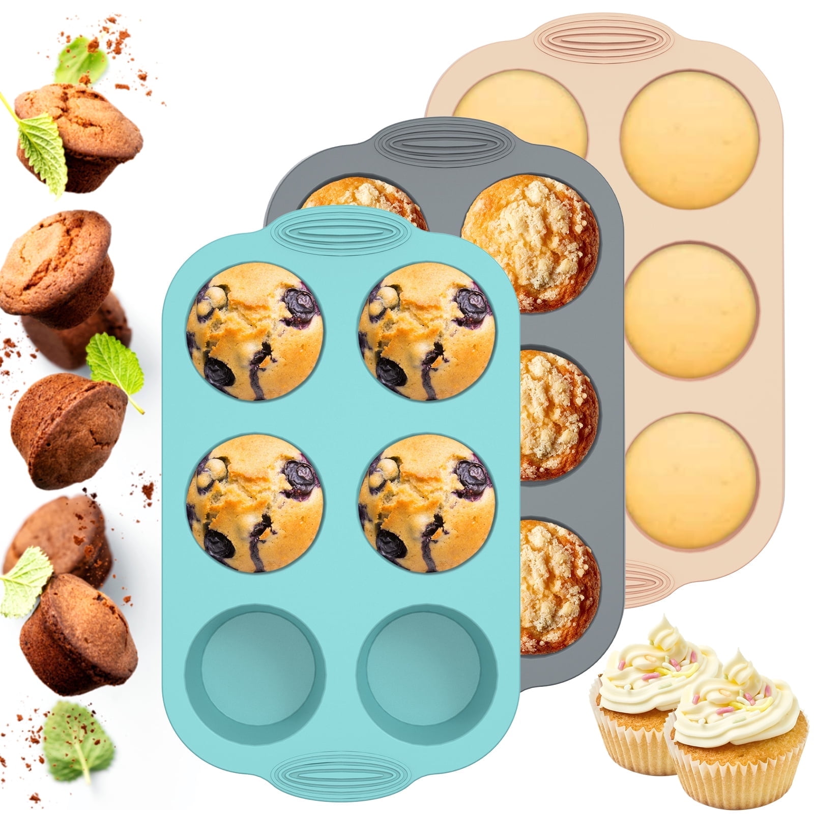 Jetcloudlive 3Pcs Silicone Muffin Pan Cupcake Pans 6-Cup Round Silicone Baking Molds Non-Stick Cake Muffin Tray BPA-Free Cupcake Pans Muffin Mold 3-Color Baking Mold for Cake Biscuit Bagels
