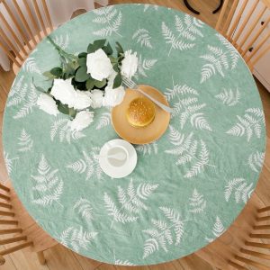 Tcwhniev Indoor Outdoor Patio Round Fitted Vinyl Tablecloth, Flannel Backing, Elastic Edge, Waterproof Wipeable PVC Table Cover, Green Leaf, for Table of 35-44???? Diameter