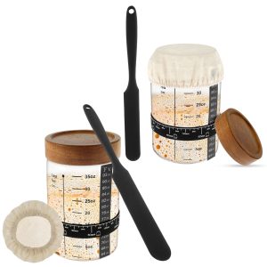 2 Set Sourdough Starter Jar Kit 1000ml Heat Resistant Sourdough Starter Container with Wooden Lid Reusable Wide Mouth Glass Sourdough Fermentation Jar for Sourdough Bread Baking