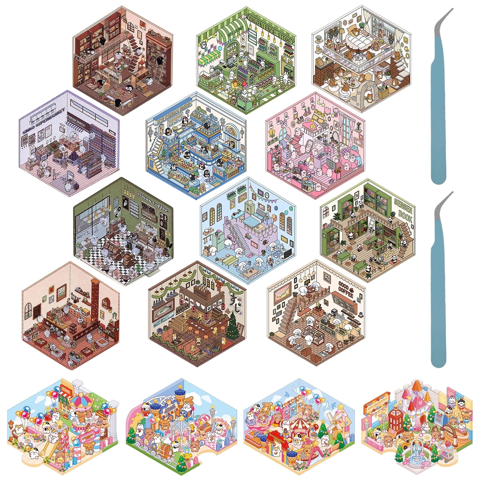 16 Pcs DIY 3D House Stickers with Tweezers Fun DIY 3D Sticker Scene Cute 3D Scene Stickers Creative 3D House Sticker Set for Adults Kids Relief Stress Pass the Time