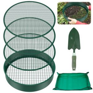 Soil Sieve Set Rustproof Metal Garden Soil Sifter with 4 Interchangeable Sieves Sizes 3/6/9/12mm Multifunctional Efficient Soil Sifter Set with Shovel and Soil Mat for Rocks Bonsai Compost