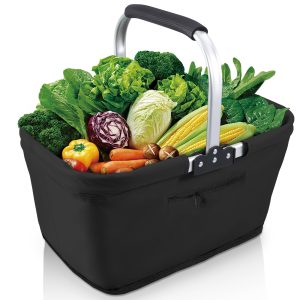 600D Oxford Cloth Picnic Basket with Aluminum Alloy Handle and Zipper Pocket 23L Collapsible Shopping Basket for Travel Picnic Shopping