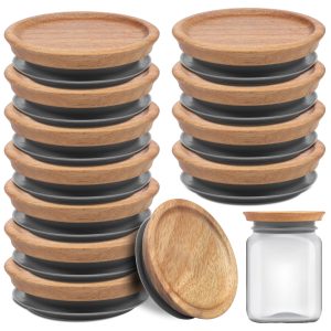 12Pcs Wooden Storage Lids Set Airtight Acacia Wood Canning Jar Lids with Silicone Sealing Rings Reusable Canning Covers Wooden Lids Dishwasher Safe for Mugs and Jars 5.5x7.2x2cm/7x9x2cm