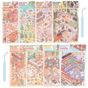 8 Sets 3D Miniature Scene Stickers PET DIY 3D House Decals No Cutting Fun DIY Stickers Scene Make Your Own Warm Home for Kids