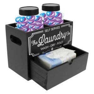 Dryer Sheet Container Wooden Laundry Sheet Dispenser with 2 Plastic Jars Large Capacity Laundry Pods Container Farmhouse Dryer Sheet Holder for Laundry Room Storage