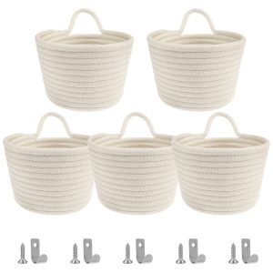 5 Pcs Wall Hanging Baskets with Hooks Soft Breathable Woven Storage Baskets Decorative Cotton Rope Baskets Practical Small Hanging Baskets for Kitchen Bathroom Bedroom