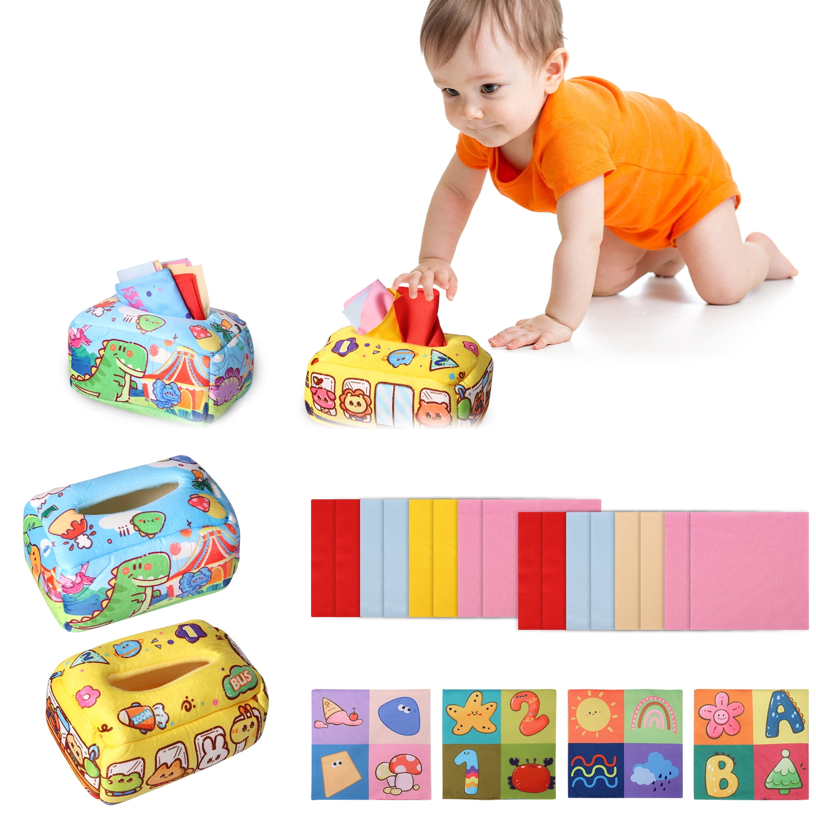 2Pcs Baby Tissue Box Toy Montessori Toddlers Colorful Tissue Box Pull Toy Infant Early Learning Toys for 6 to 36 Months Boys Girls Babies
