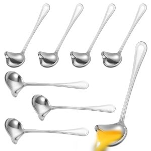 8 Pcs Gravy Ladle Stainless Steel Small Ladle Spoon with Pour Mouth and Long Handle Multifunctional Sauce Spoon for Home Restaurant Banquet