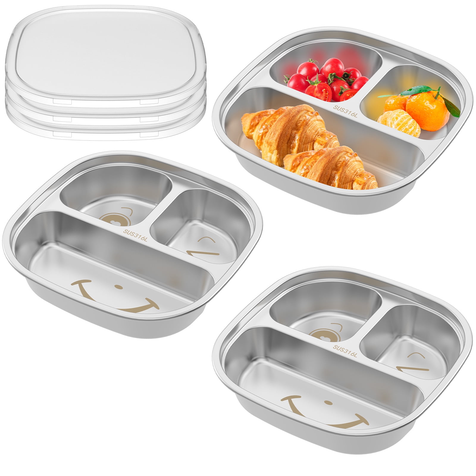 3 Pcs Stainless Steel Kid Plate with Transparent Lid and 3 Compartments Stackable Toddler Dish Reusable Baby Plate for Home Travel and Daycare