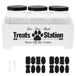Dog Treat Container with 3 Plastic Treat Jars Wood Dog Food Container with Handles Practical Dog Food Storage Container Decorative Cat Food Container for Dog Food Storage