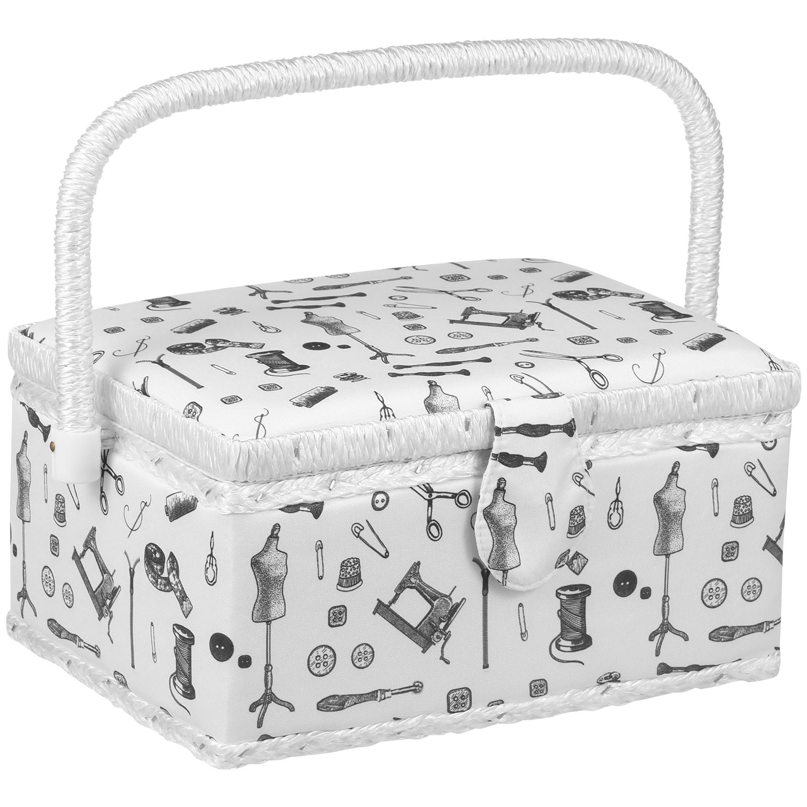 Wooden Fabric Sewing Basket Double Layer Sewing Storage Box with Removable Tray and Handle for Needles Scissors Buttons Zippers